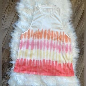 Women’s White Racerback Tank with Orange and Pink Ombre Tie Dye